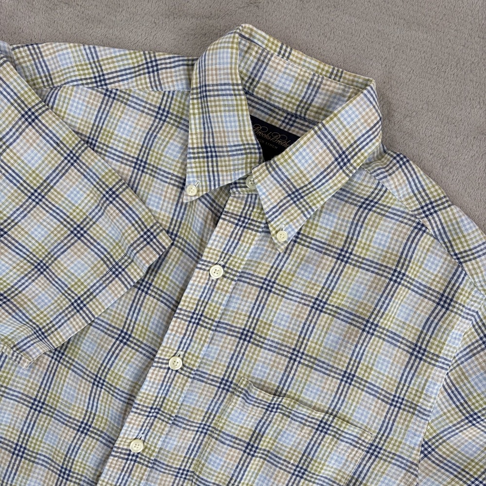 Vintage Brooks Brothers 100% Irish Linen Shirt in Multi Plaid Men Small NWOT